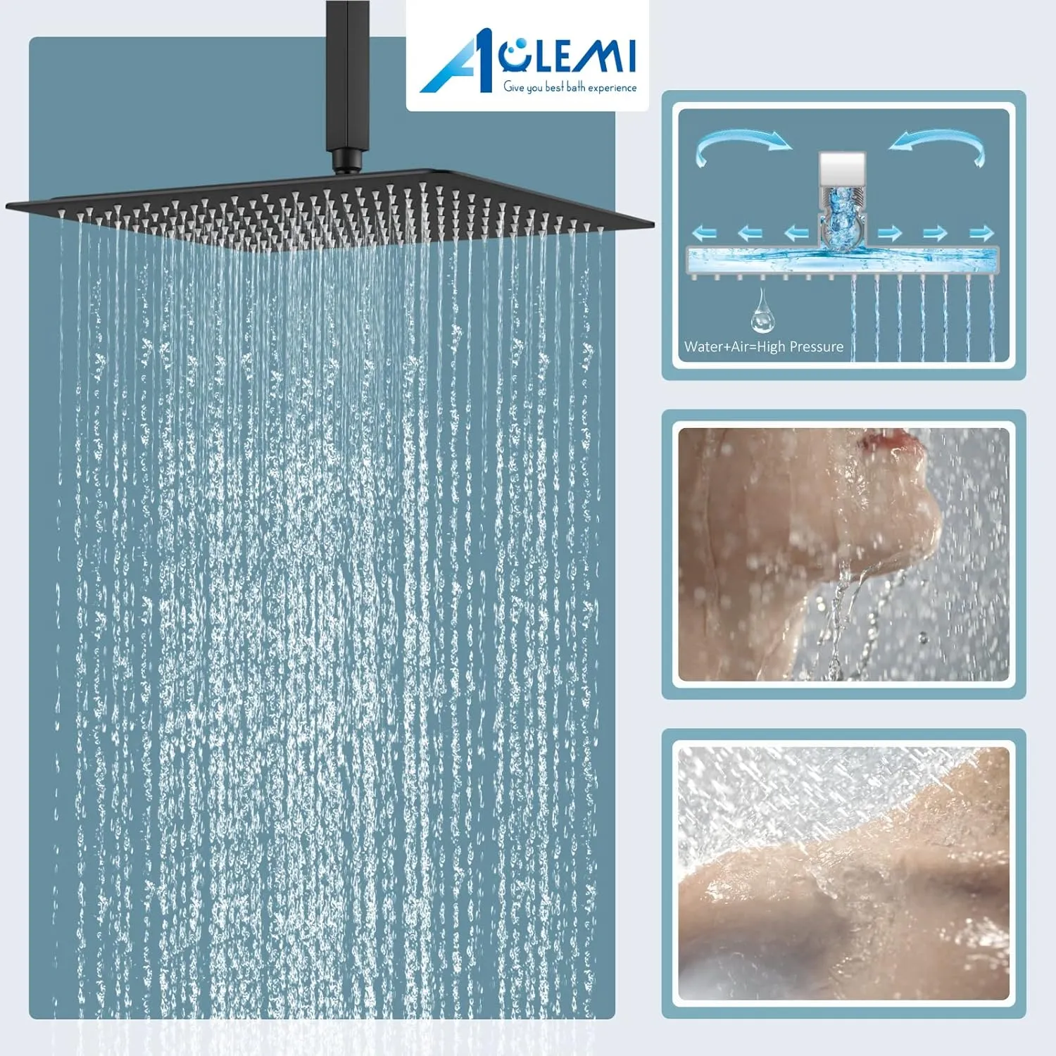 Aolemi 16 Inch Ceiling Mount Shower System Matte Black Rain Shower Head with 3 Functions ABS Handheld Spray Bathroom Luxury High Pressure Shower Combo Set Rough-in Valve and Shower Trim Included
