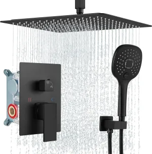 Aolemi 16 Inch Ceiling Mount Shower System Matte Black Rain Shower Head with 3 Functions ABS Handheld Spray Bathroom Luxury High Pressure Shower Combo Set Rough-in Valve and Shower Trim Included