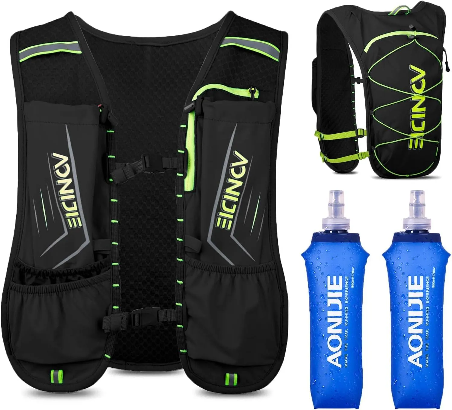 AONIJIE Waterproof and Breathable Running Hydration Vest with 500ml Flask, 4.23oz Lightweight Hydration Vest Backpack Fits 6.8" Phones, for Hiking Cycling Race Marathon(Grey with 2 * 500ml Bottles)