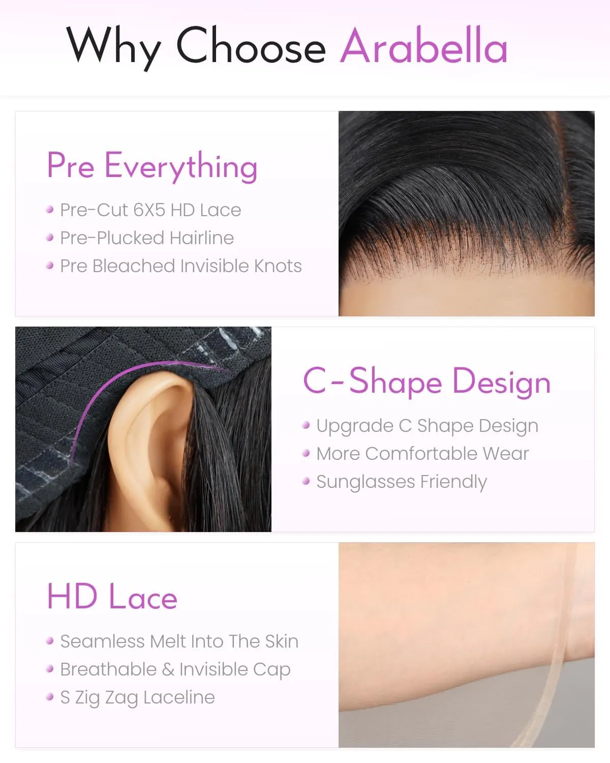 Arabella 6X6 Glueless Wigs Human Hair Pre Plucked Pre Cut 12A Real Pre Plucked Bleached Tiny Knots   210% Density Salon-Quality Ready to Go Glueless Straight Closure Wigs Human Hair 20INCH