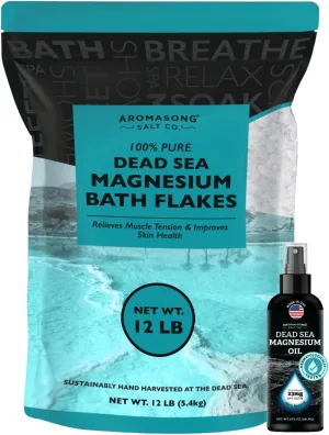 Aromasong Ultimate Magnesium Bundle: 12lb Dead Sea Magnesium Flakes   100% Pure Dead Sea Magnesium Oil Spray for Relaxation and Wellness