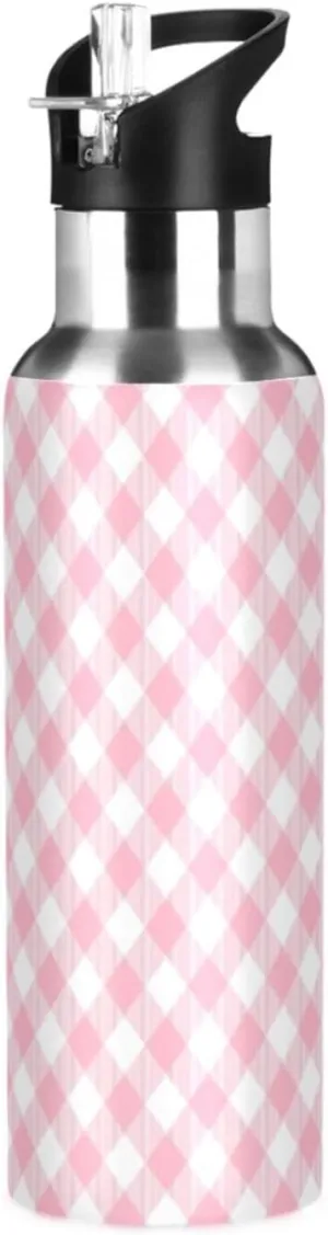 ATTX Pink Gingham Water Bottle with Straw, 20OZ Sports Water Bottle BPA Free Stainless Steel Water Jugs for Gym,Working, Outdoor#566