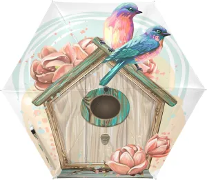 Automatic Open Compact Travel Sun Folding Umbrella Rain Umbrella Vented Windproof Waterproof Stick Umbrella Unique Cock Pattern Printed Auto Open/Close Birdhouse with Flowers and Birds