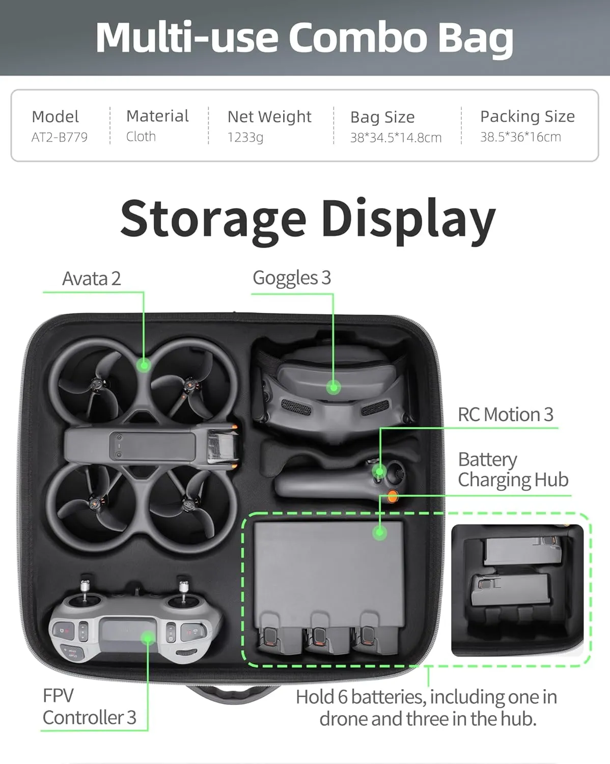 Avata 2 Storage Case,Carrying Case Portable Travel Bag for DJI Avata 2,Fly More Combo with Goggles 3,FPV Controller 3,Storage Bag Shoulder Bag for DJI Avata 2 Accessories (AT2-B779)
