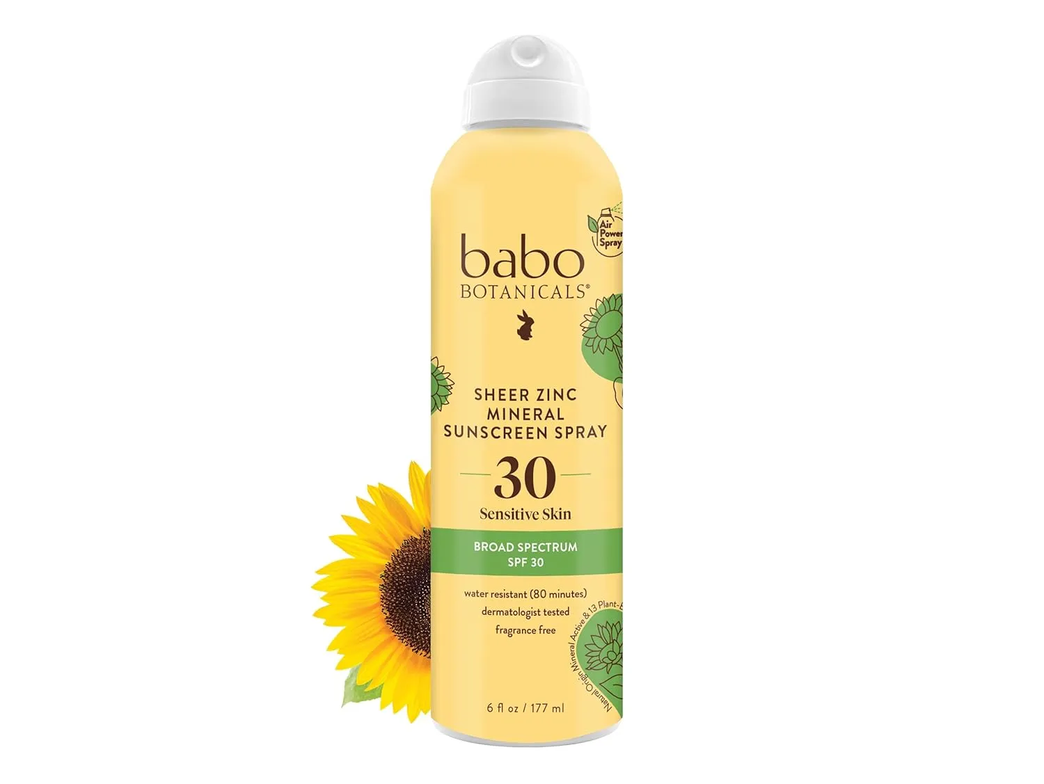 Babo Botanicals Sheer Zinc Continuous Sunscreen Spray SPF30 - Natural Zinc Oxide - Extra Sensitive Skin - Water Resistant - Vegan - Fragrance-Free - Air-Powered Spray - For all ages