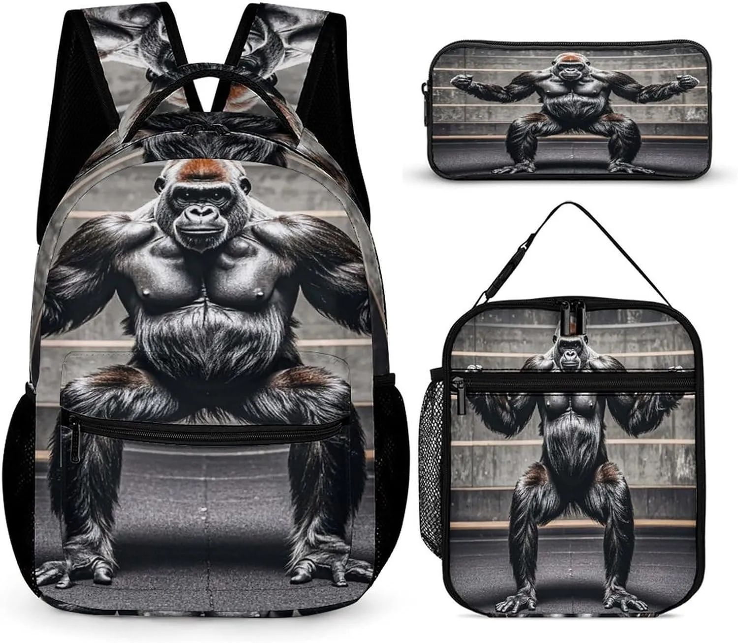 Backpack Lunch Bag Pencil Pouch Set, Gorillas in Fitness Gym Animals Print Lightweight & Durable 3-Piece Combo Ideal for Work, And Travel
