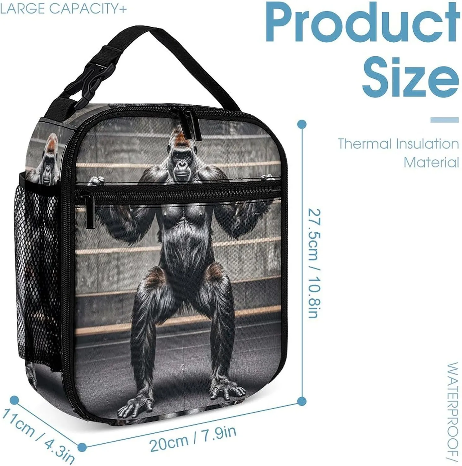 Backpack Lunch Bag Pencil Pouch Set, Gorillas in Fitness Gym Animals Print Lightweight & Durable 3-Piece Combo Ideal for Work, And Travel