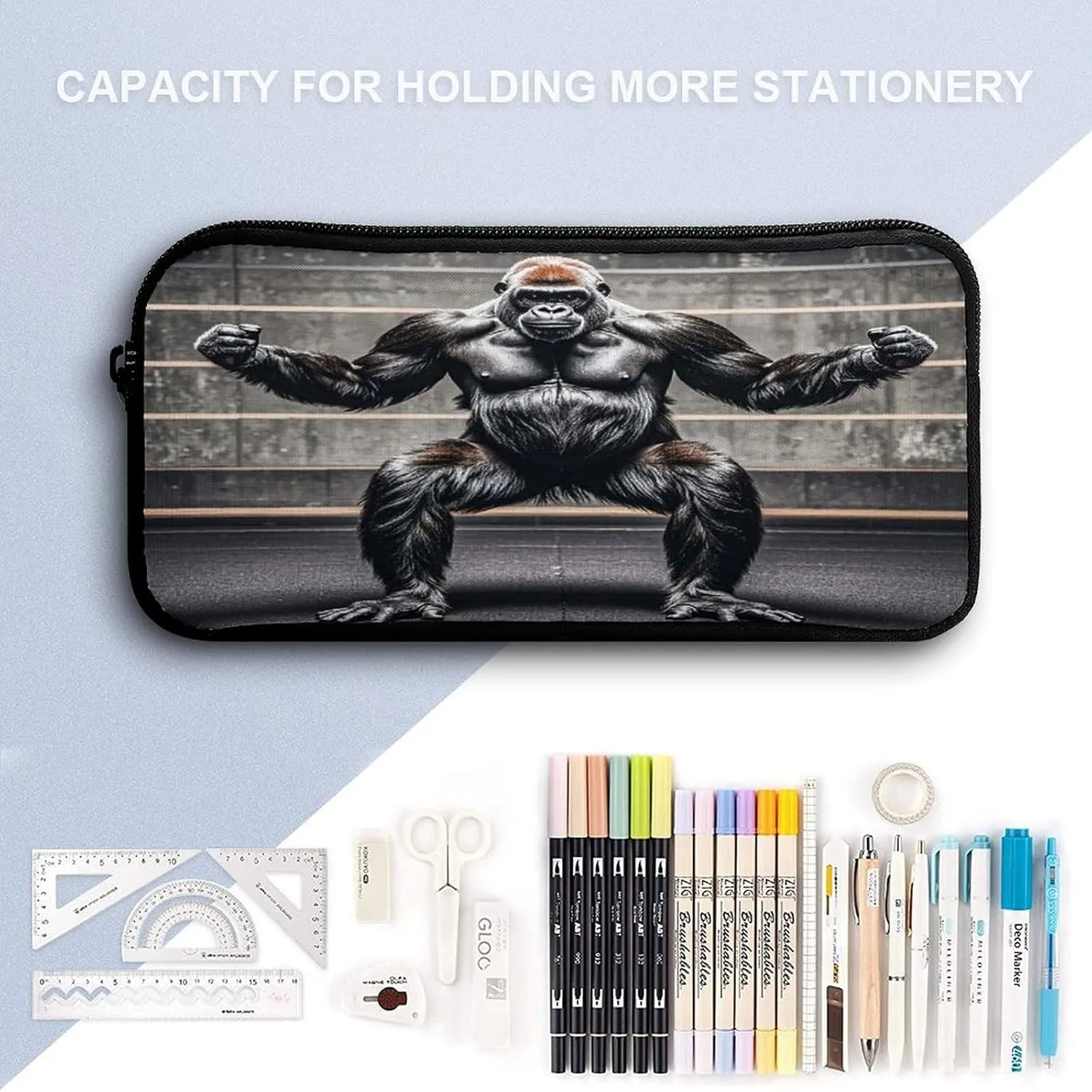 Backpack Lunch Bag Pencil Pouch Set, Gorillas in Fitness Gym Animals Print Lightweight & Durable 3-Piece Combo Ideal for Work, And Travel