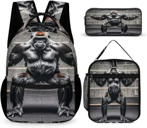 Backpack Lunch Bag Pencil Pouch Set, Gorillas in Fitness Gym Animals Print Lightweight & Durable 3-Piece Combo Ideal for Work, And Travel