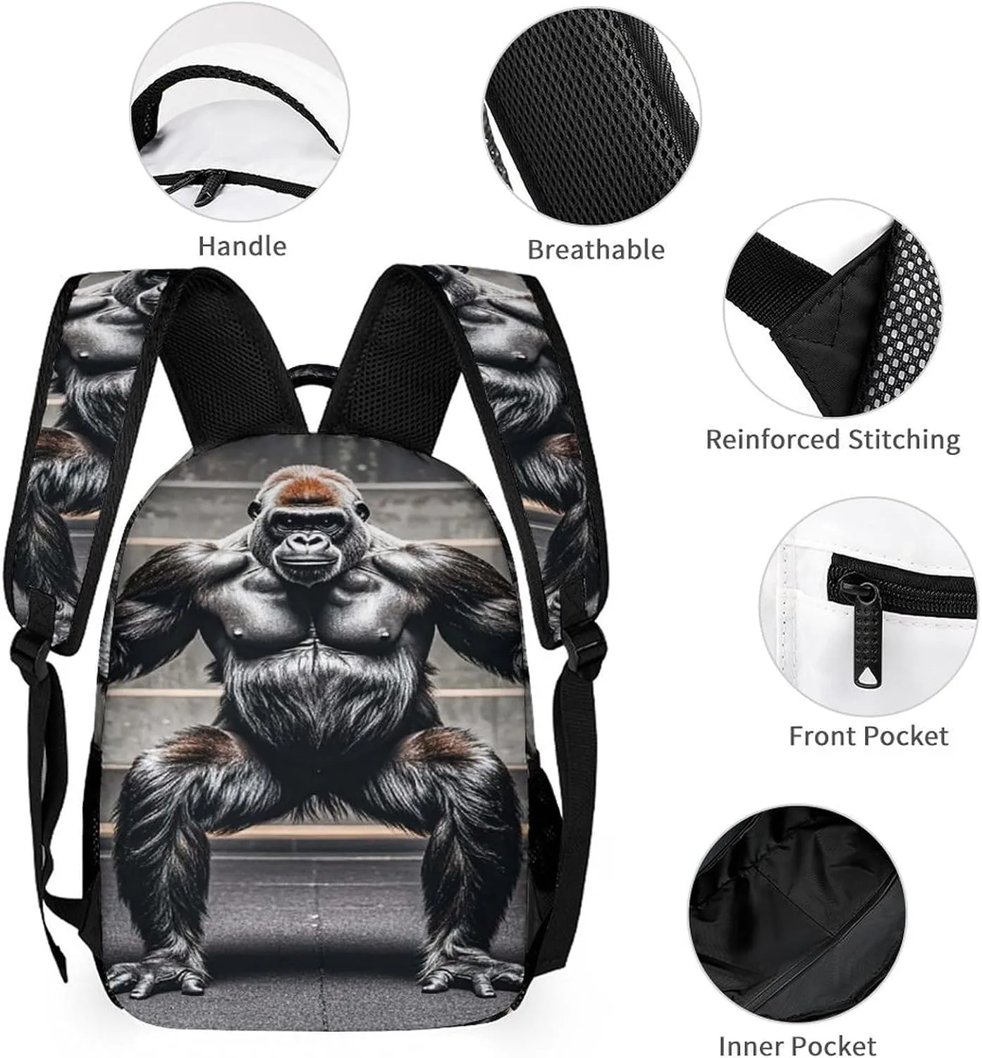 Backpack Lunch Bag Pencil Pouch Set, Gorillas in Fitness Gym Animals Print Lightweight & Durable 3-Piece Combo Ideal for Work, And Travel