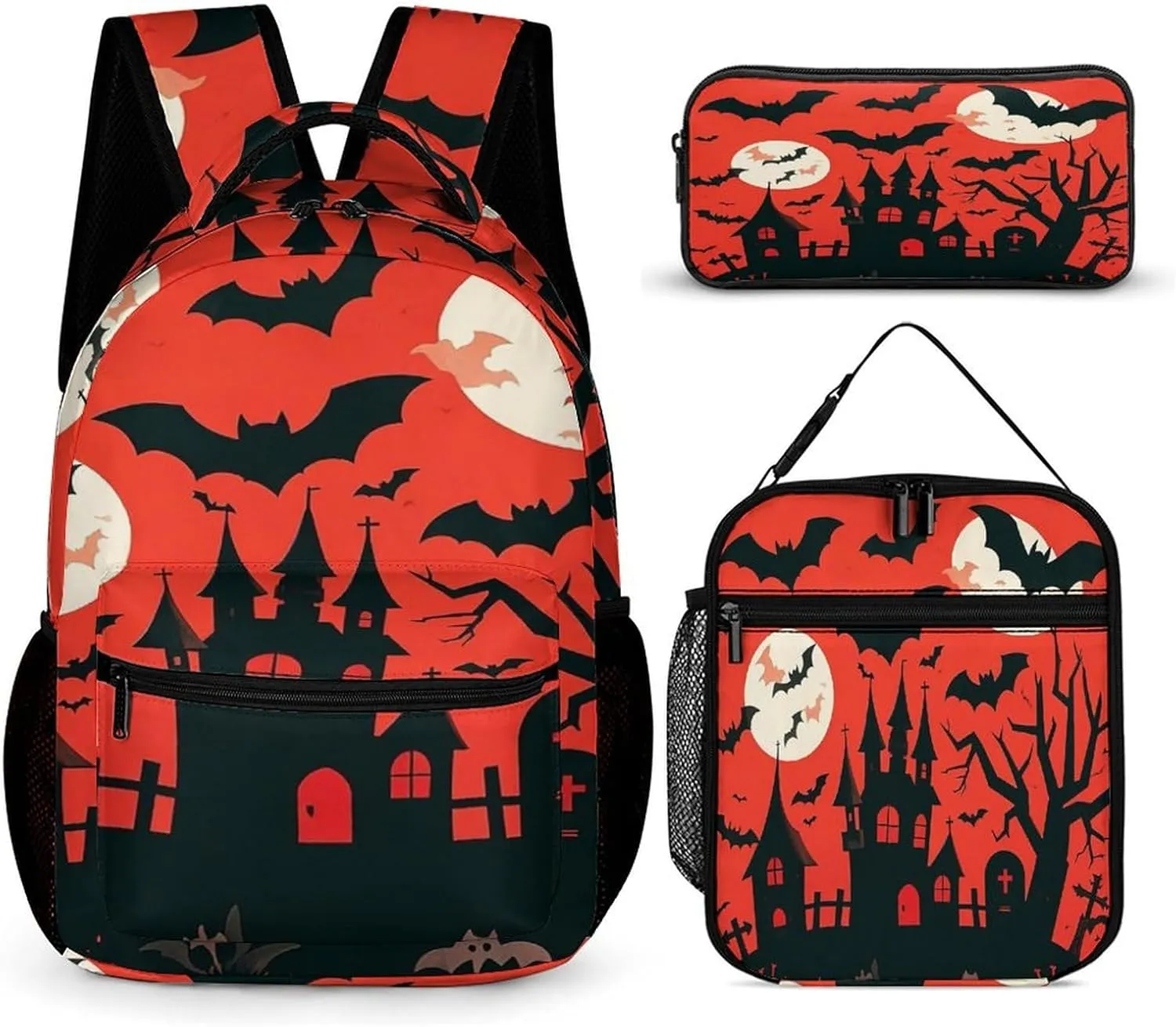 Backpack Lunch Bag Pencil Pouch Set, Halloween Print Lightweight & Durable 3-Piece Combo Ideal for Work, And Travel