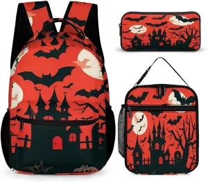 Backpack Lunch Bag Pencil Pouch Set, Halloween Print Lightweight & Durable 3-Piece Combo Ideal for Work, And Travel