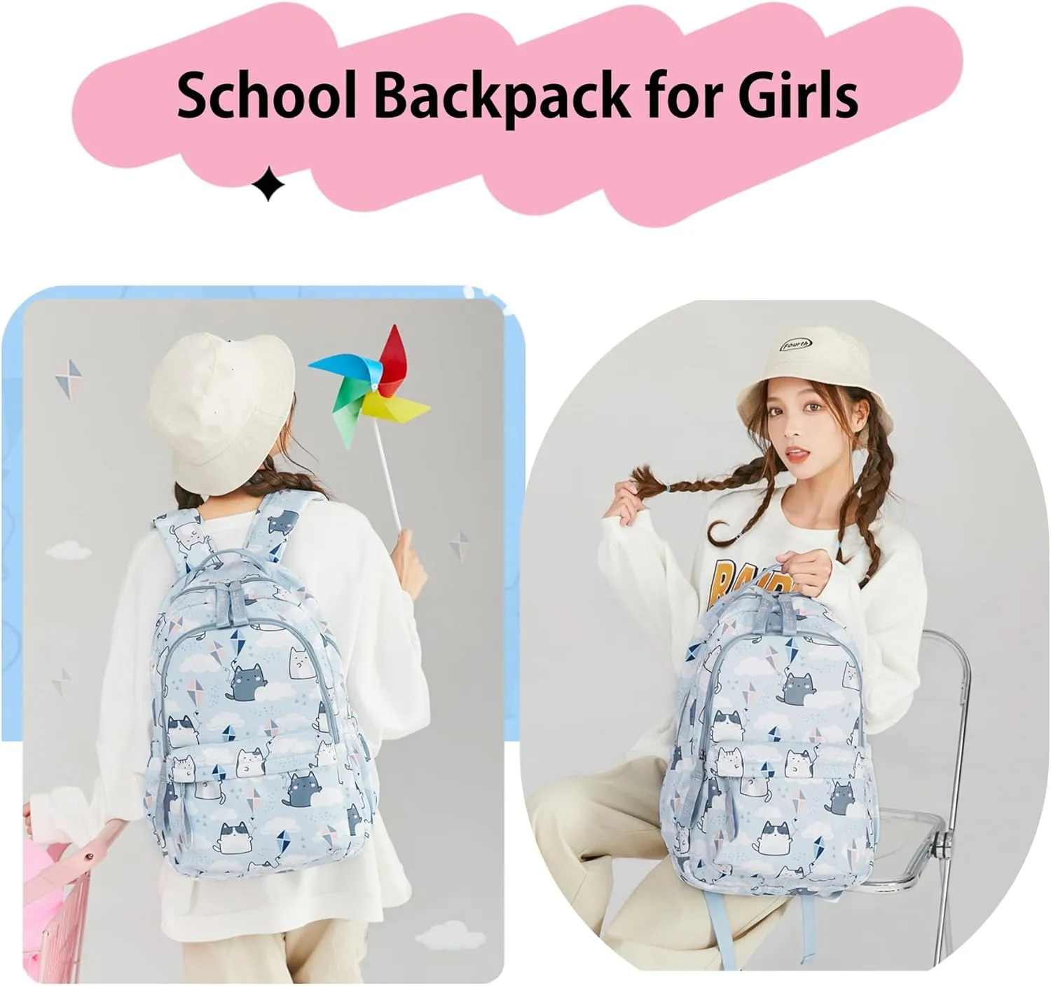 Backpacks for Girls Cute Cat Backpack Elementary School Backpack Students Bookbag for Girls