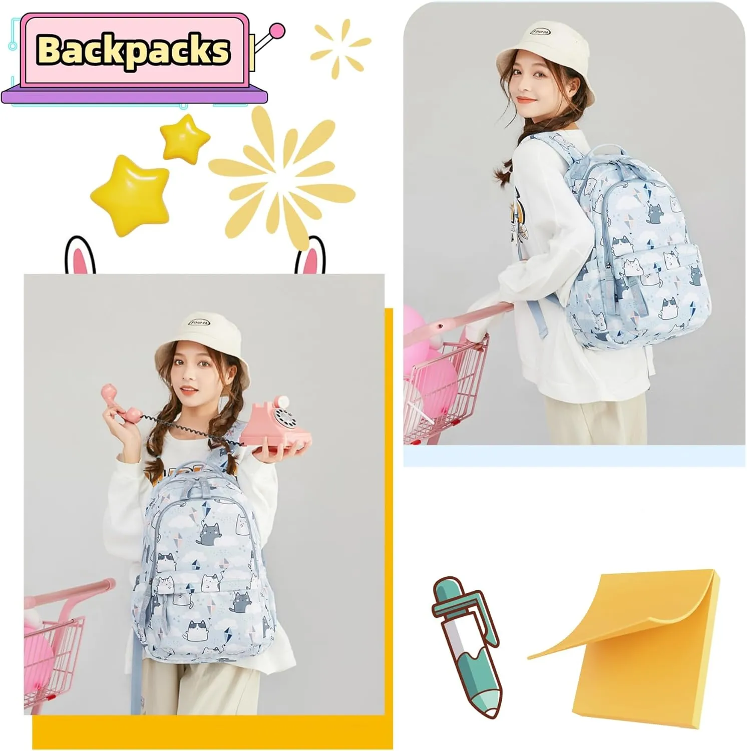 Backpacks for Girls Cute Cat Backpack Elementary School Backpack Students Bookbag for Girls