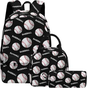 Baseball Printed Backpack Set for Boys Kids, 3Pcs Bookbag with Pencil Case for school, 17 Inch Lightweight Laptop Backpack with Lunch Bag for Mens Teens Office, High School