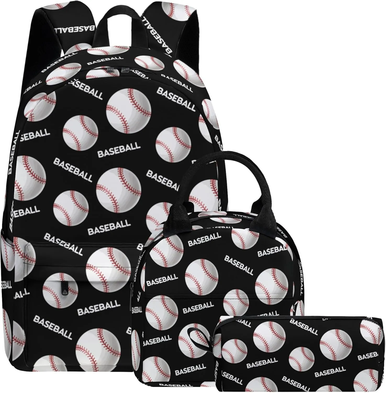 Baseball Printed Backpack Set for Boys Kids, 3Pcs Bookbag with Pencil Case for school, 17 Inch Lightweight Laptop Backpack with Lunch Bag for Mens Teens Office, High School