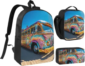 Beach Bus print Backpack 3pcs Set Including 17 Inch Large BookBag With Lunch Bag And Practical Pen Bag
