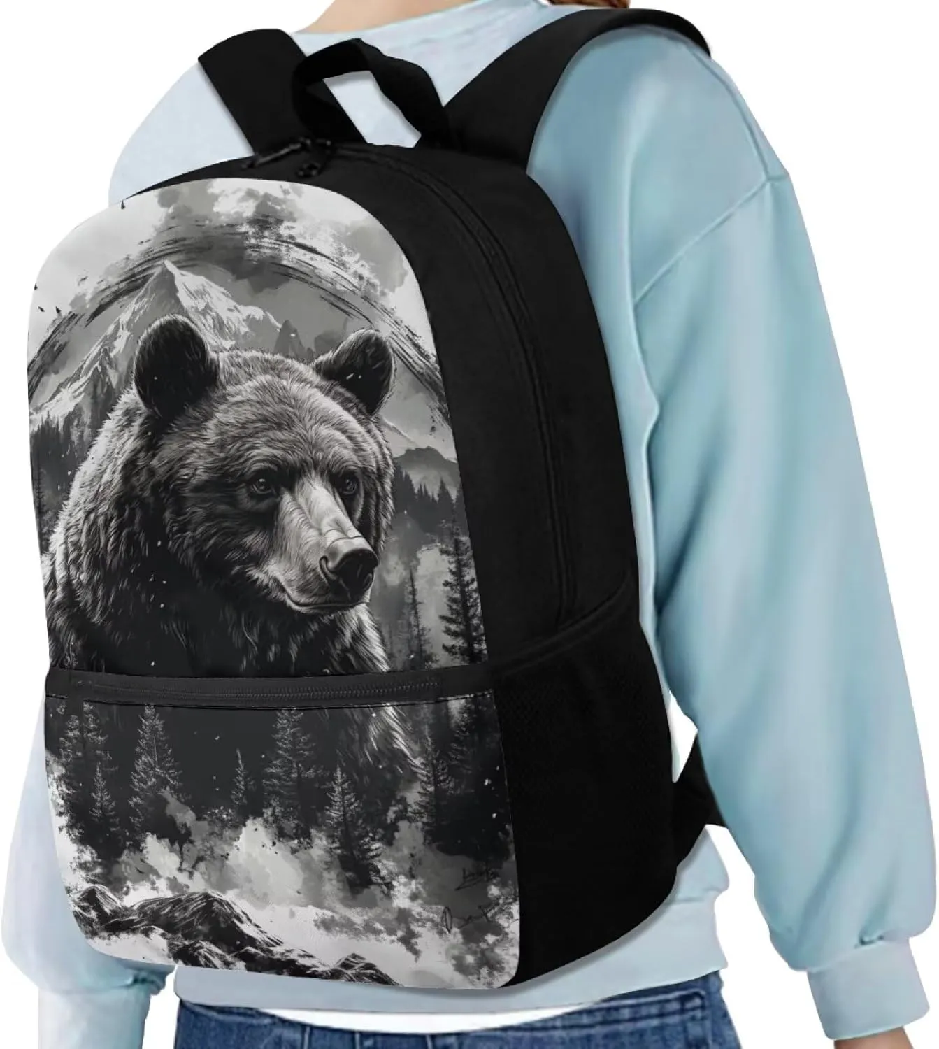 Bear Large Backpack for Boys Personalized Aesthetic Schoolbag with Smooth Zippers Portable 17inch Schoolbag with Side Mesh Cup Pockets for 1-6th Grade Kids
