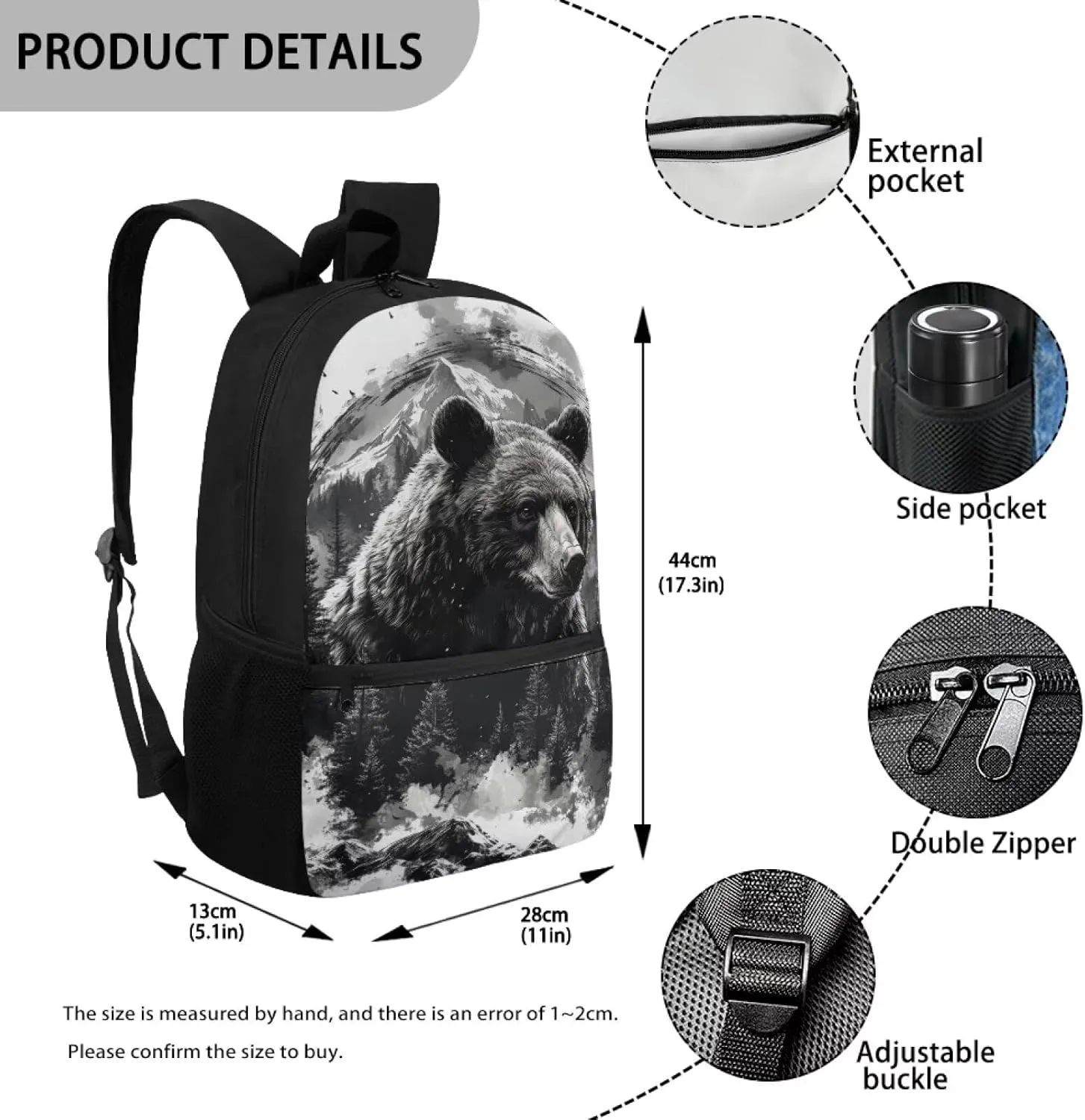 Bear Large Backpack for Boys Personalized Aesthetic Schoolbag with Smooth Zippers Portable 17inch Schoolbag with Side Mesh Cup Pockets for 1-6th Grade Kids