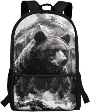 Bear Large Backpack for Boys Personalized Aesthetic Schoolbag with Smooth Zippers Portable 17inch Schoolbag with Side Mesh Cup Pockets for 1-6th Grade Kids