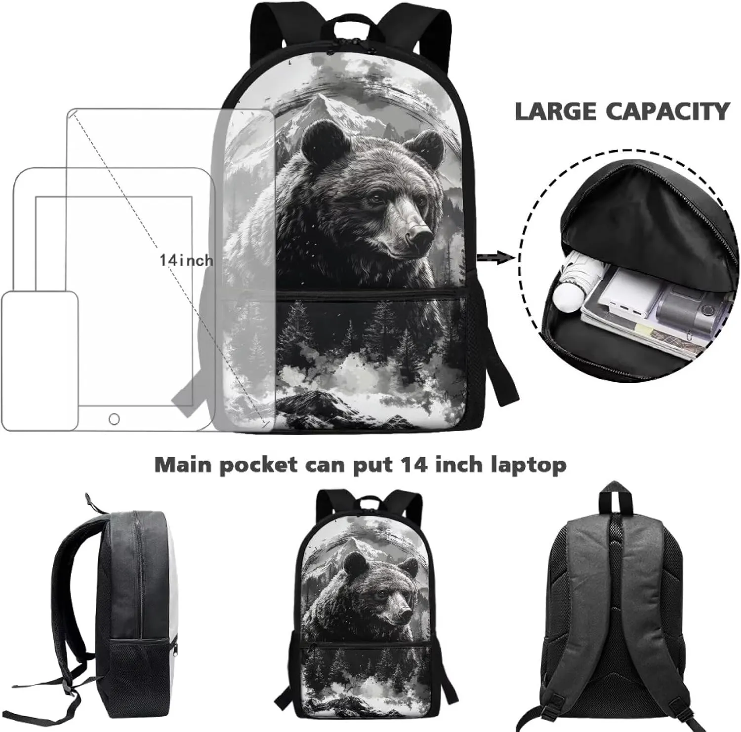 Bear Large Backpack for Boys Personalized Aesthetic Schoolbag with Smooth Zippers Portable 17inch Schoolbag with Side Mesh Cup Pockets for 1-6th Grade Kids