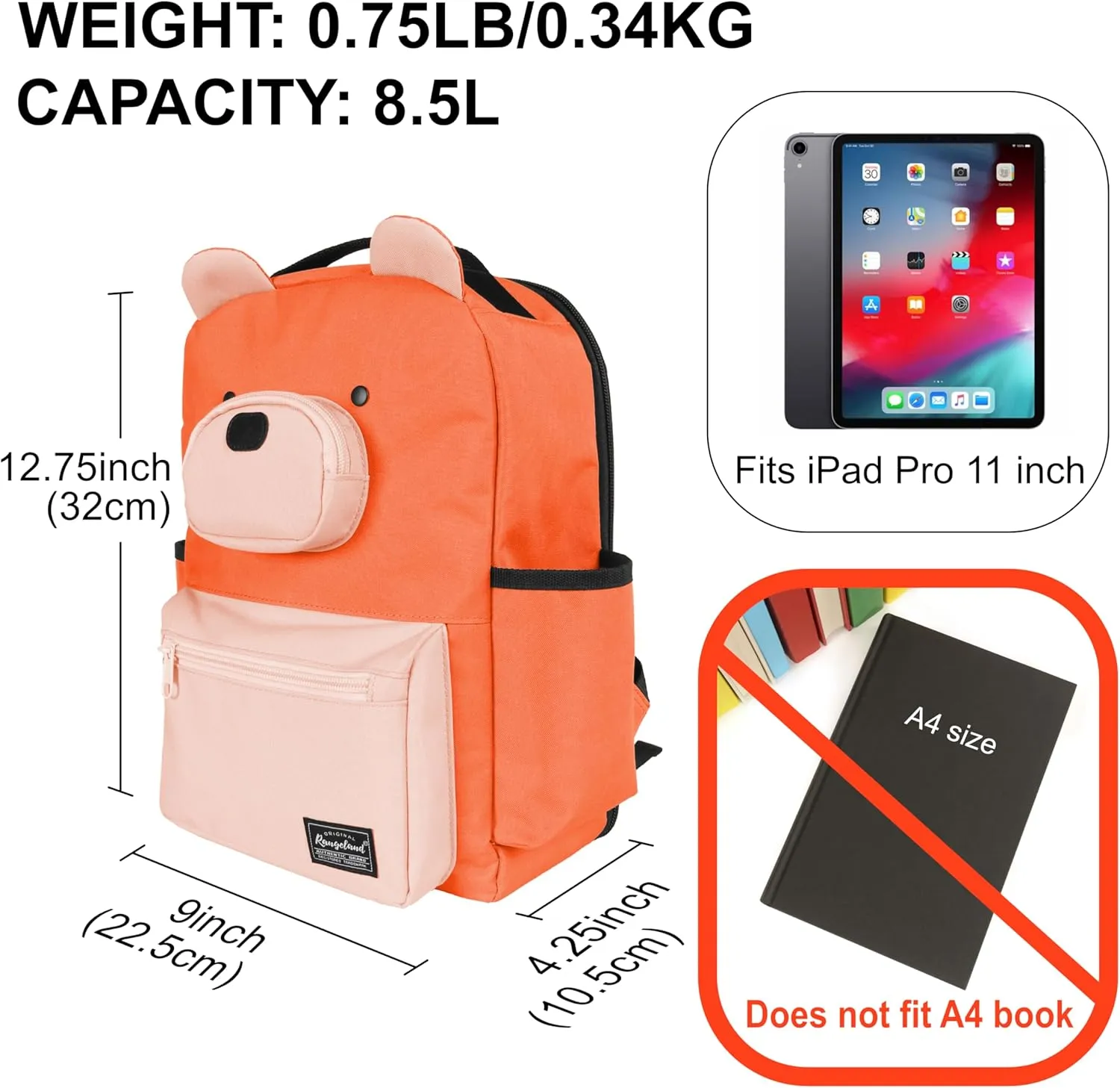 Bear Travel Backpack for Kids 4-8, Fun Cute Colorful 8.5L Lightweight Airplane Backpack with Tablet Sleeve and Chest Strap, Orange