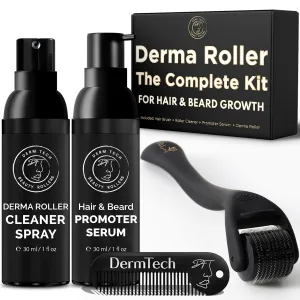 Beard Growth Kit - Derma Roller Kit For Bead & Hair Growth - Including: A Derma Roller, Roller Cleaner, Growth Serum, and a Beard Brush by DermTech