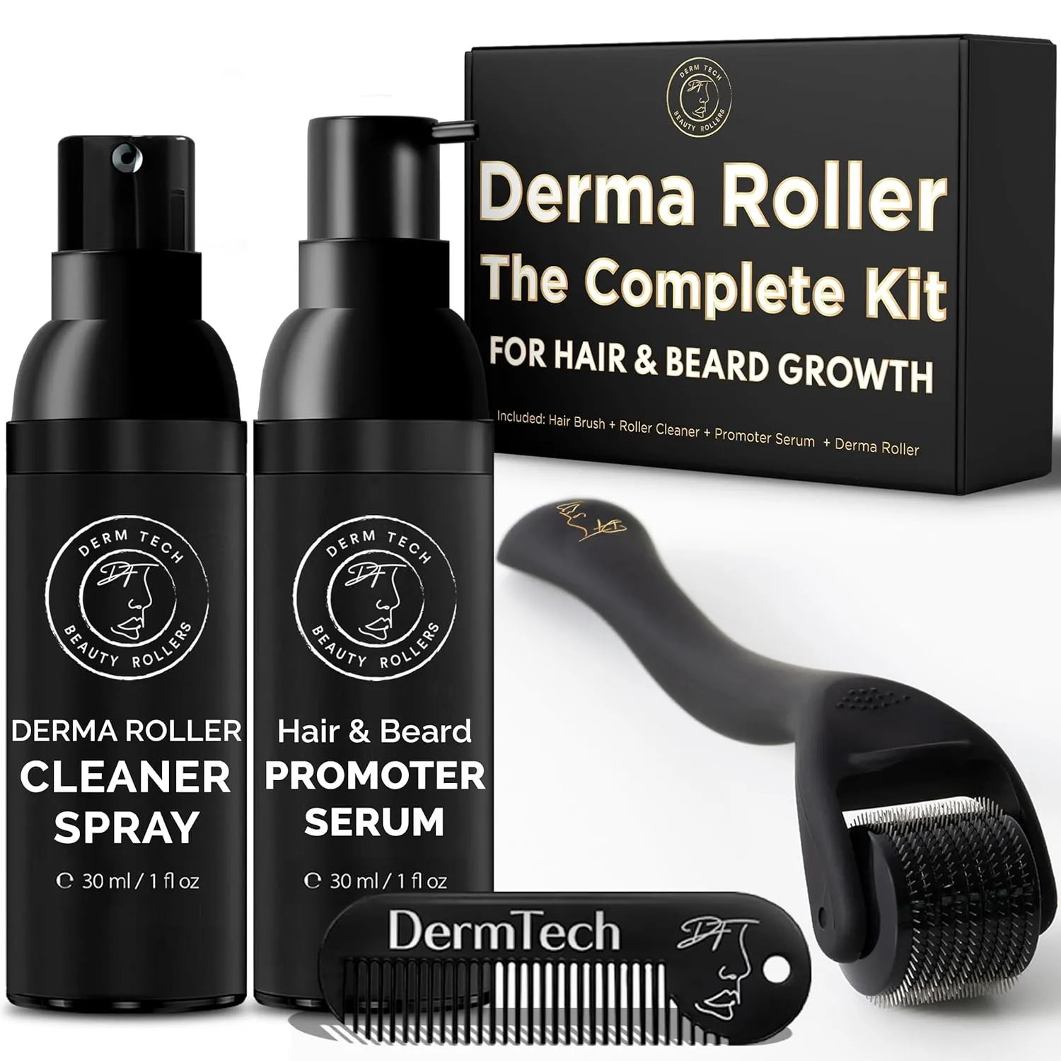 Beard Growth Kit - Derma Roller Kit For Bead & Hair Growth - Including: A Derma Roller, Roller Cleaner, Growth Serum, and a Beard Brush by DermTech