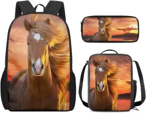 Beauty Collector Horse Print Lightweight Travel Backpack for Teens with Lunchbag and Pencil Case