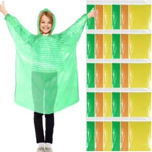 Berlune 30 Pcs Kid Rain Ponchos Bulk Disposable Ponchos for Kid Emergency Raincoat with Drawstring Hood and Elastic Sleeves