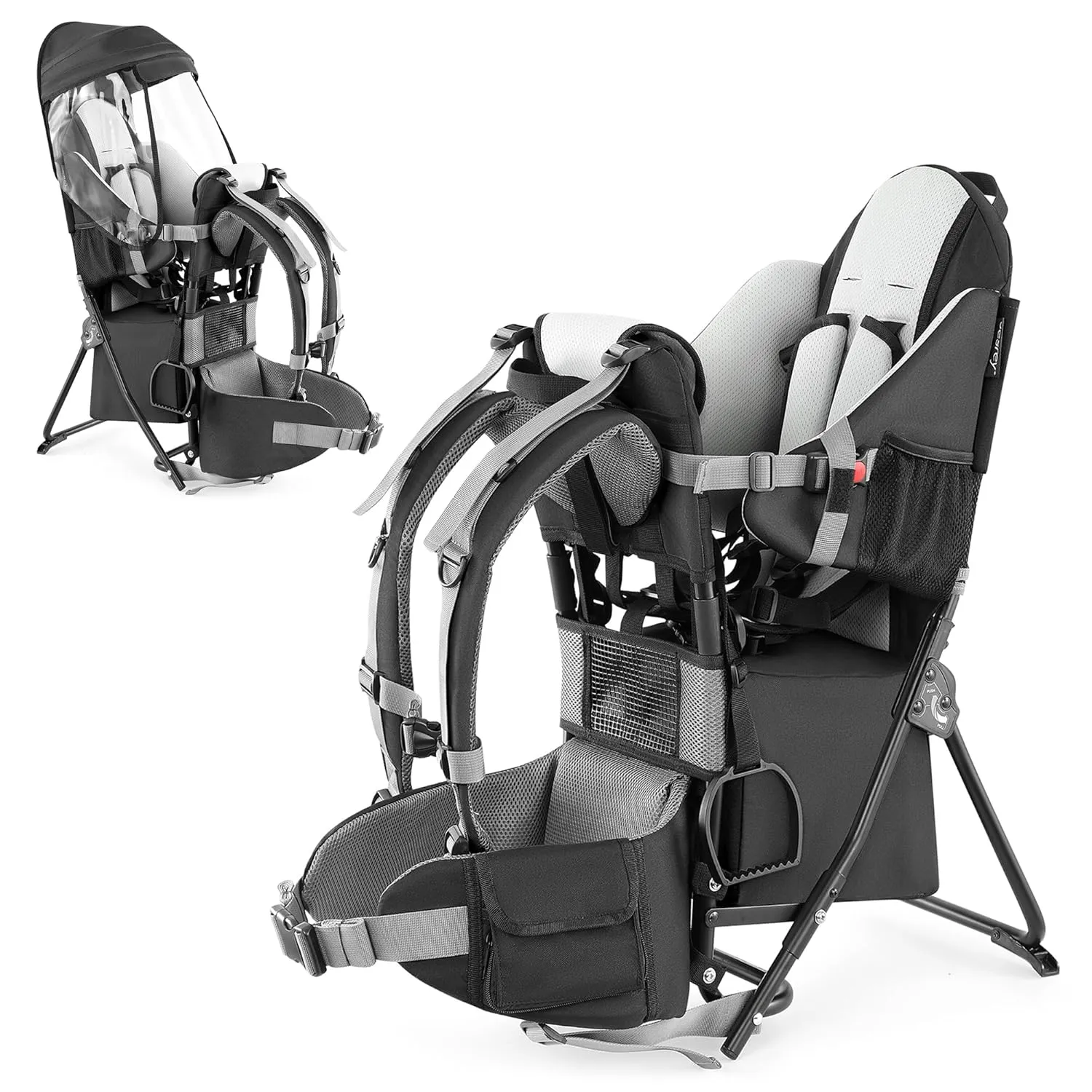 besrey Baby Backpack Carrier, Toddler Hiking Backpack with Safety 3-Height Seat, Adjustable Straps&Waist Belt, Foldable Frame Lightweight Large Capacity Child Carrier for Hiking (Black)