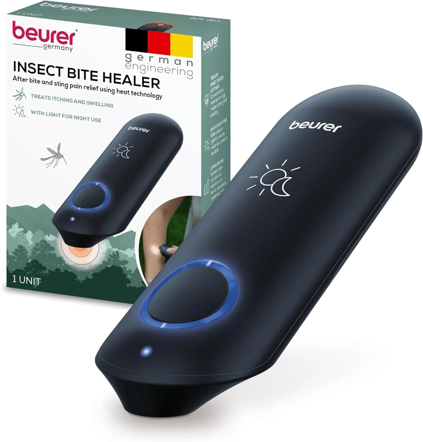 Beurer BR90 Insect Sting and Bite Relief with Light, Chemical-Free Bug Bite Healer for Day and Night, Electronic Heat Device for After Mosquito Bites to Ease Itching and Swelling