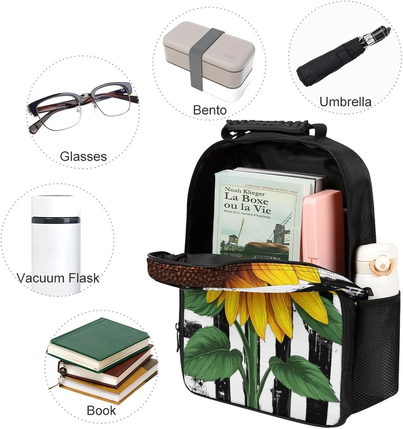 Black And White American Flag Sunflower Art Rucksacks Polyester Anti-Theft Multipurpose Carry On Bag Large Capacity Gym Outdoor Hiking Backpack With Smooth Zippers