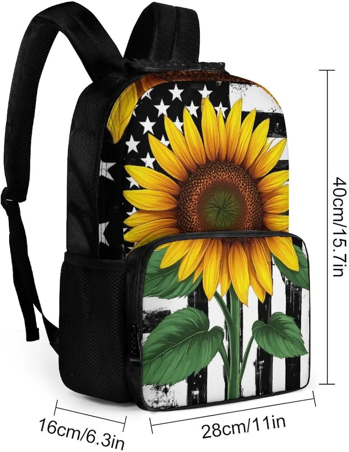 Black And White American Flag Sunflower Art Rucksacks Polyester Anti-Theft Multipurpose Carry On Bag Large Capacity Gym Outdoor Hiking Backpack With Smooth Zippers
