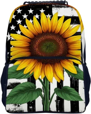Black And White American Flag Sunflower Art Rucksacks Polyester Anti-Theft Multipurpose Carry On Bag Large Capacity Gym Outdoor Hiking Backpack With Smooth Zippers