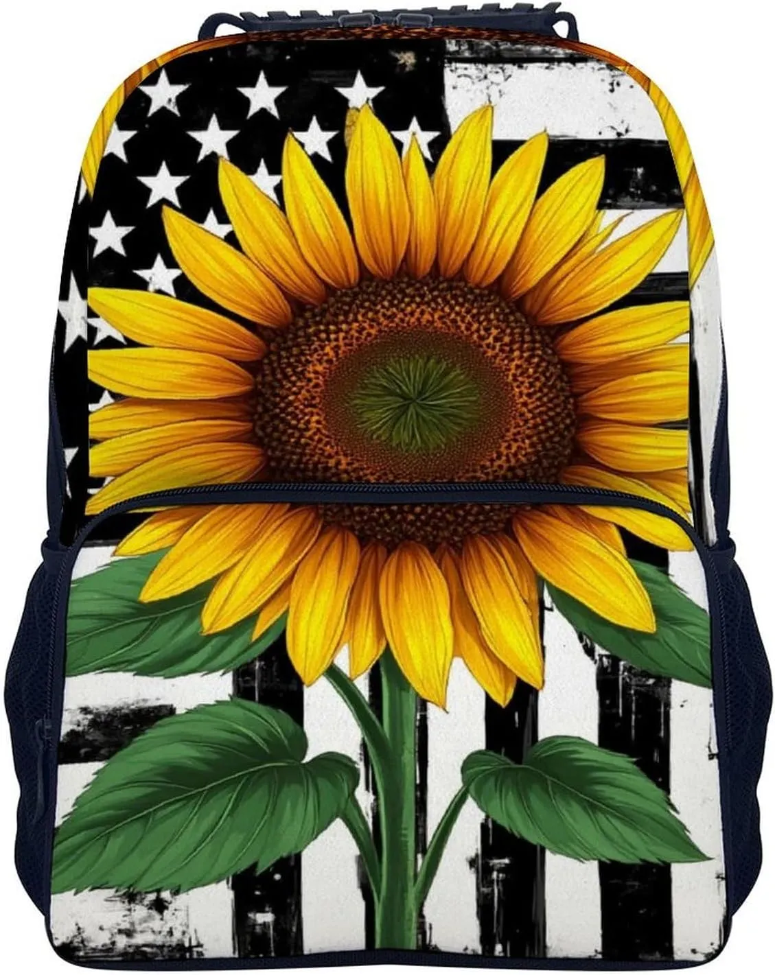 Black And White American Flag Sunflower Art Rucksacks Polyester Anti-Theft Multipurpose Carry On Bag Large Capacity Gym Outdoor Hiking Backpack With Smooth Zippers