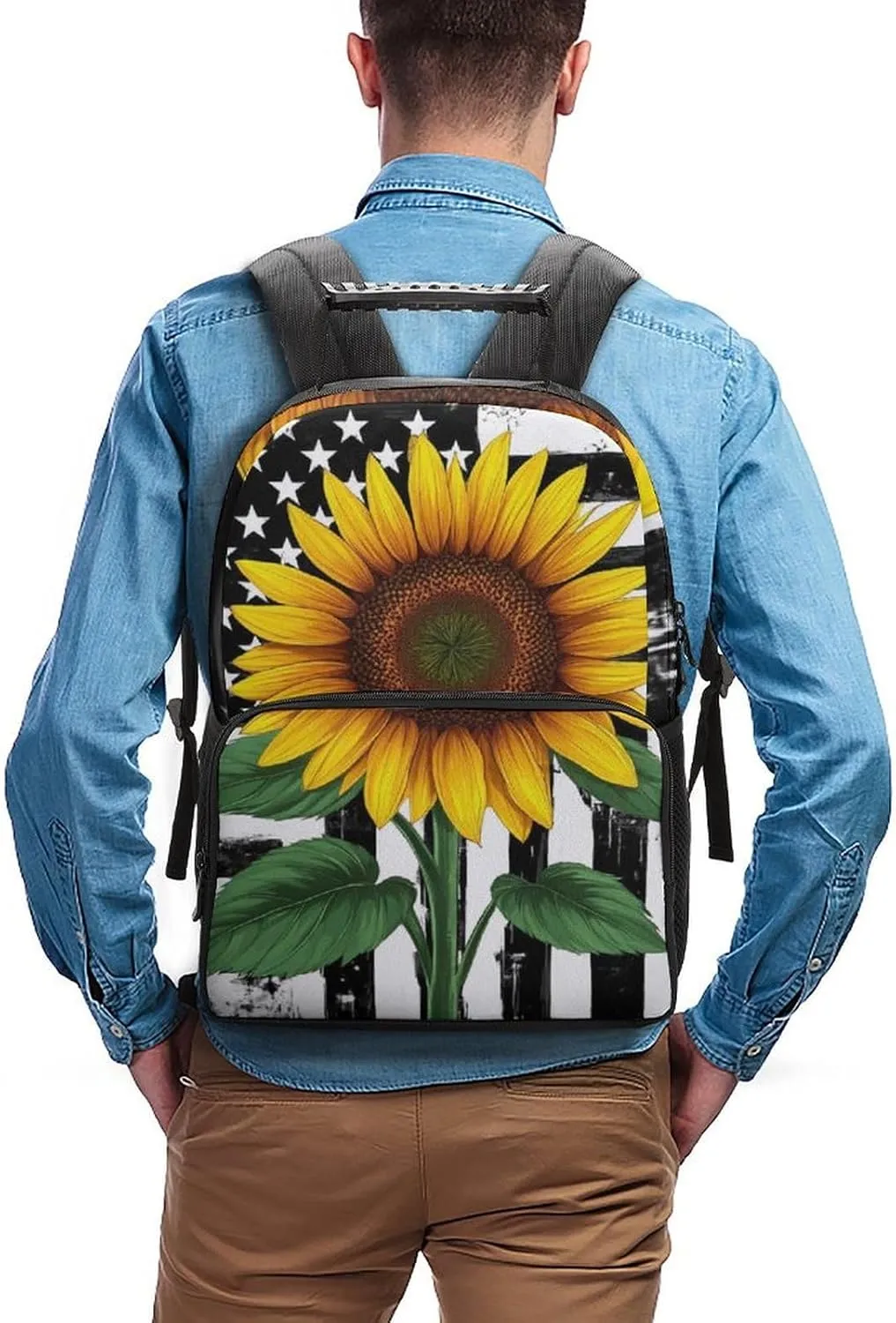 Black And White American Flag Sunflower Art Rucksacks Polyester Anti-Theft Multipurpose Carry On Bag Large Capacity Gym Outdoor Hiking Backpack With Smooth Zippers