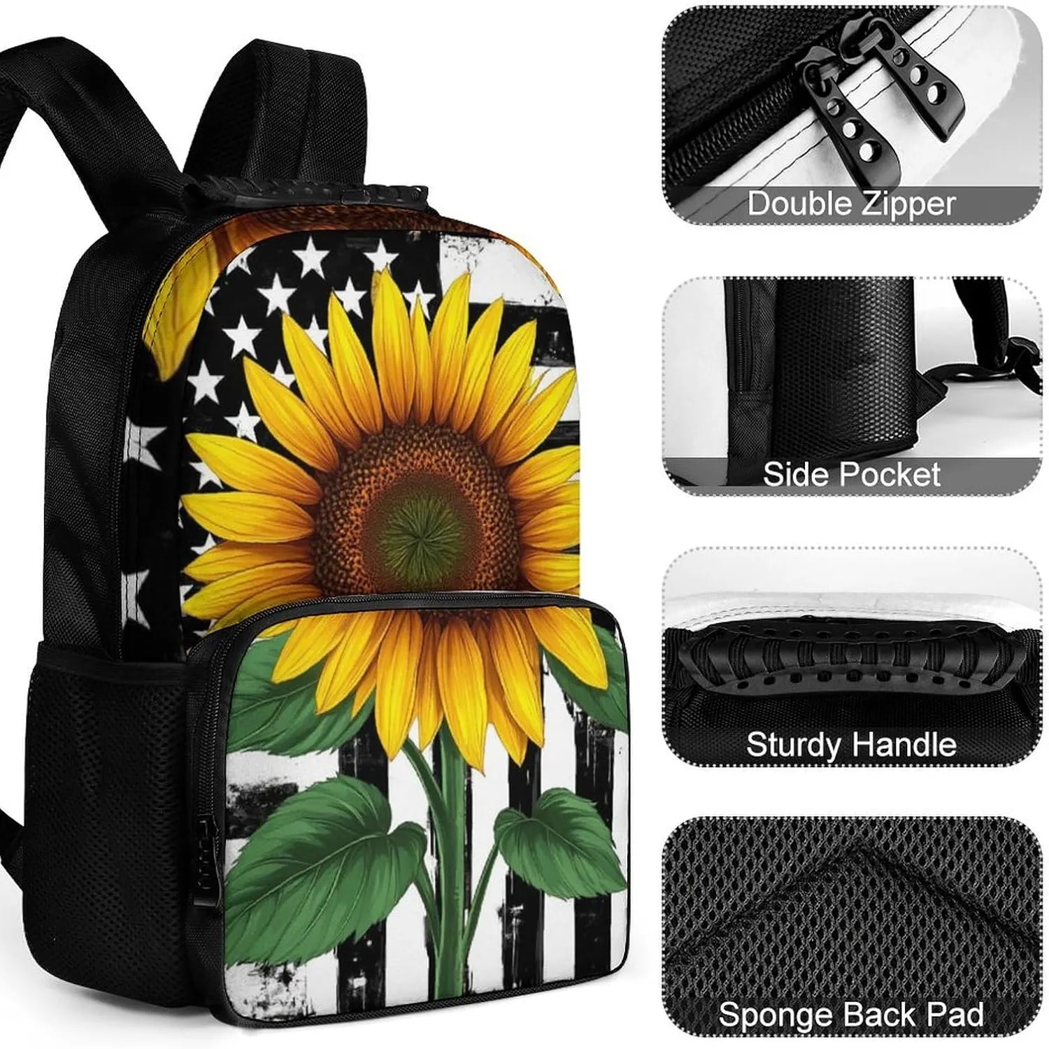 Black And White American Flag Sunflower Art Rucksacks Polyester Anti-Theft Multipurpose Carry On Bag Large Capacity Gym Outdoor Hiking Backpack With Smooth Zippers