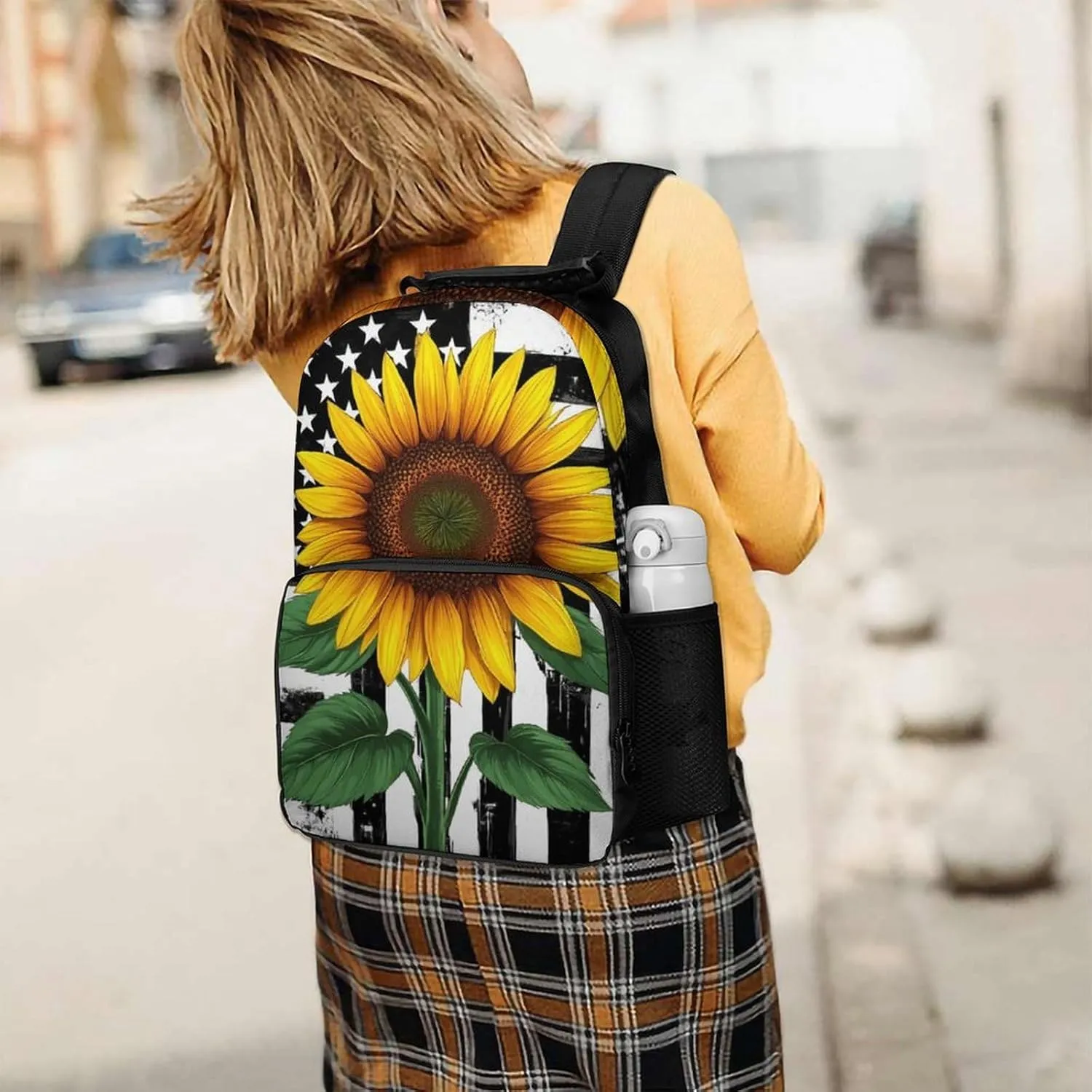 Black And White American Flag Sunflower Art Rucksacks Polyester Anti-Theft Multipurpose Carry On Bag Large Capacity Gym Outdoor Hiking Backpack With Smooth Zippers