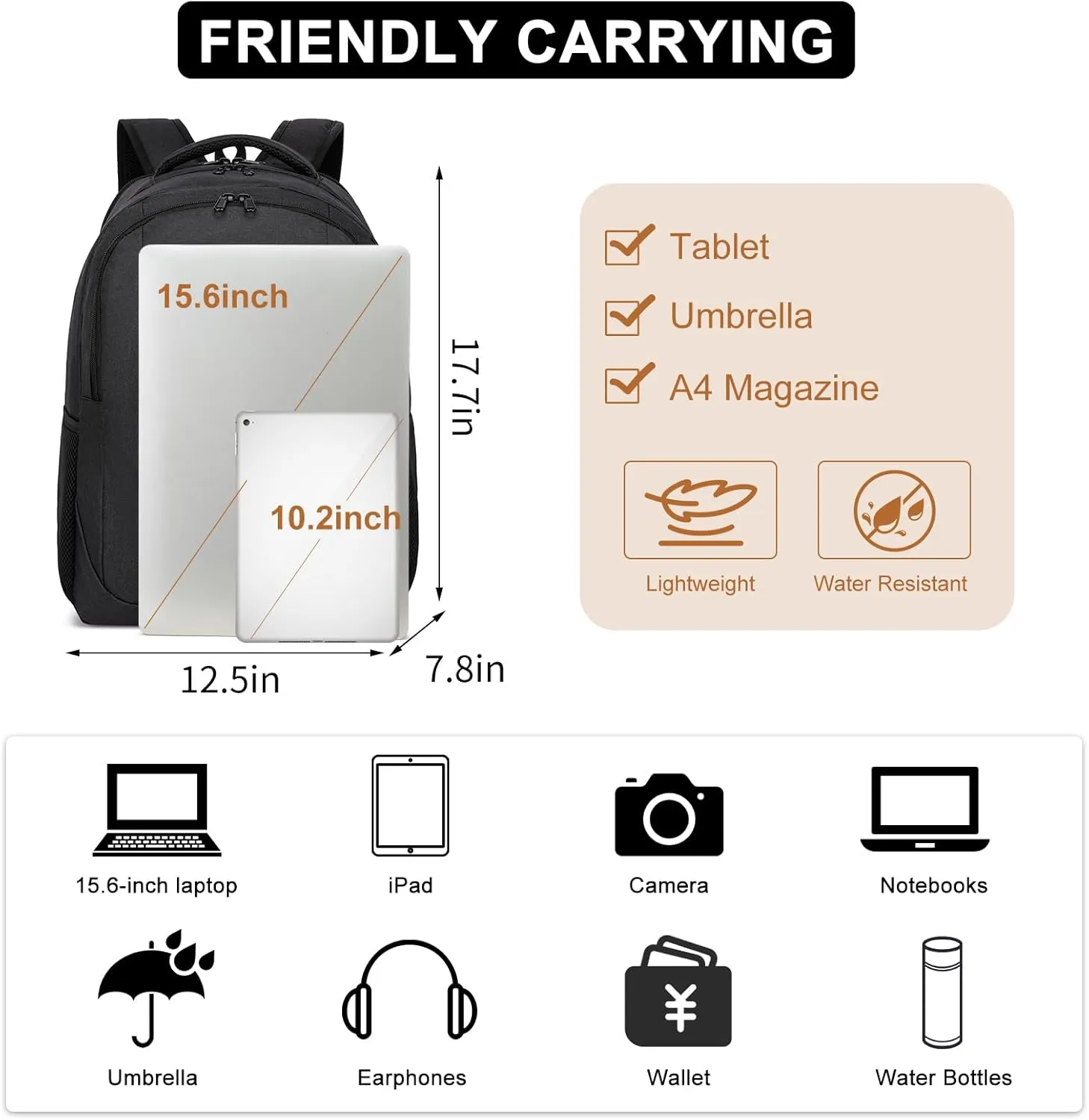 Black Backpack for School, School BackPack for Teens, Girls and Boys, with 15.6 inch Laptop Bookbag for College, Large Computer Back Pack with Compartments for Men & Women