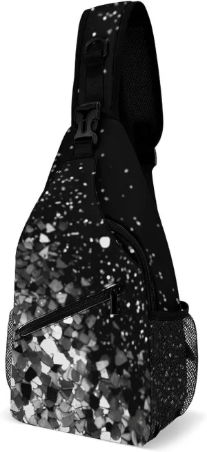 Black White Glitter Sling Bag with Rfid Blocking Causal Mens Crossbody Bag Lightweight Chest Pack Large Man Purse Travel Crossbody Backpack Shoulder Sling Backpack for Hiking Running Cycling