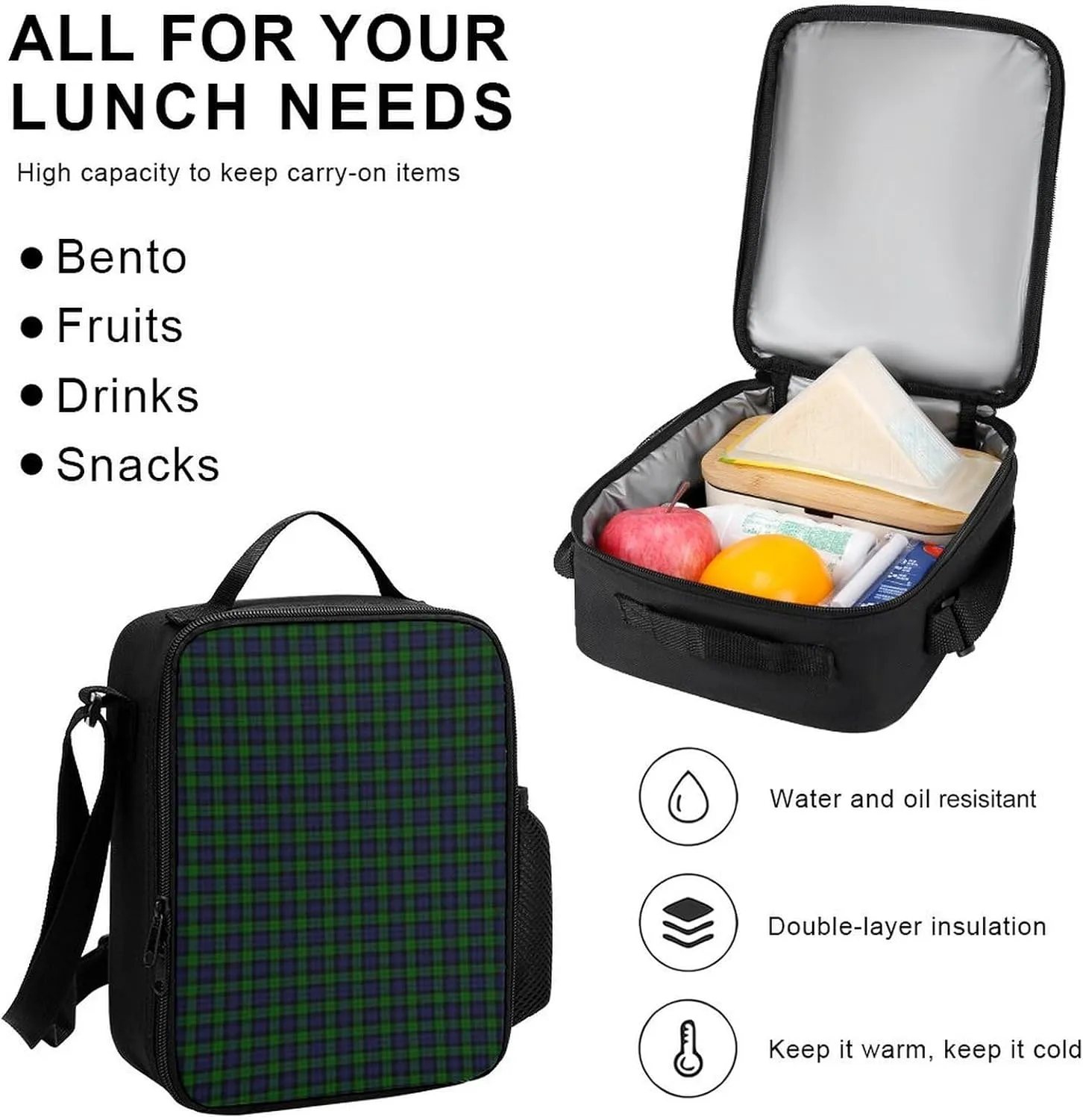 BlackWatch Tartan Plaid Lightweight Pocket Backpack Crossbody Lunch Bag Set Unisex