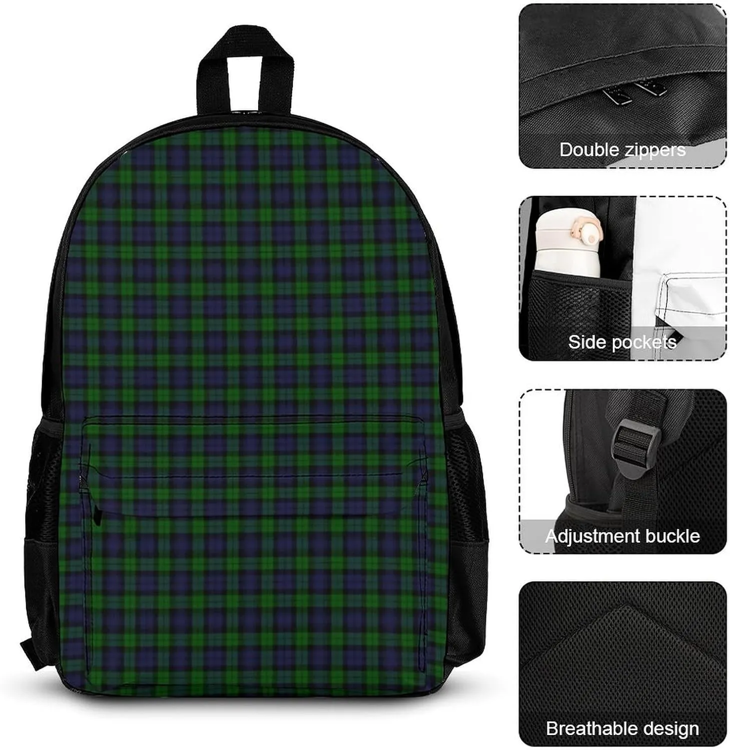 BlackWatch Tartan Plaid Lightweight Pocket Backpack Crossbody Lunch Bag Set Unisex