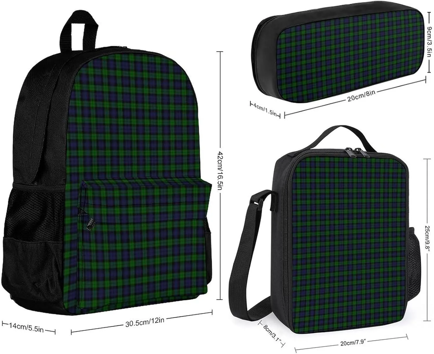BlackWatch Tartan Plaid Lightweight Pocket Backpack Crossbody Lunch Bag Set Unisex