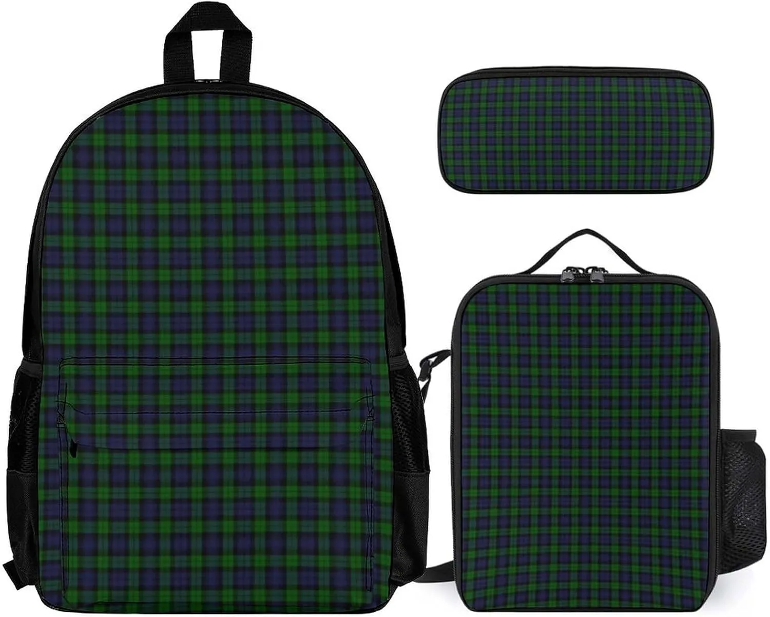 BlackWatch Tartan Plaid Lightweight Pocket Backpack Crossbody Lunch Bag Set Unisex