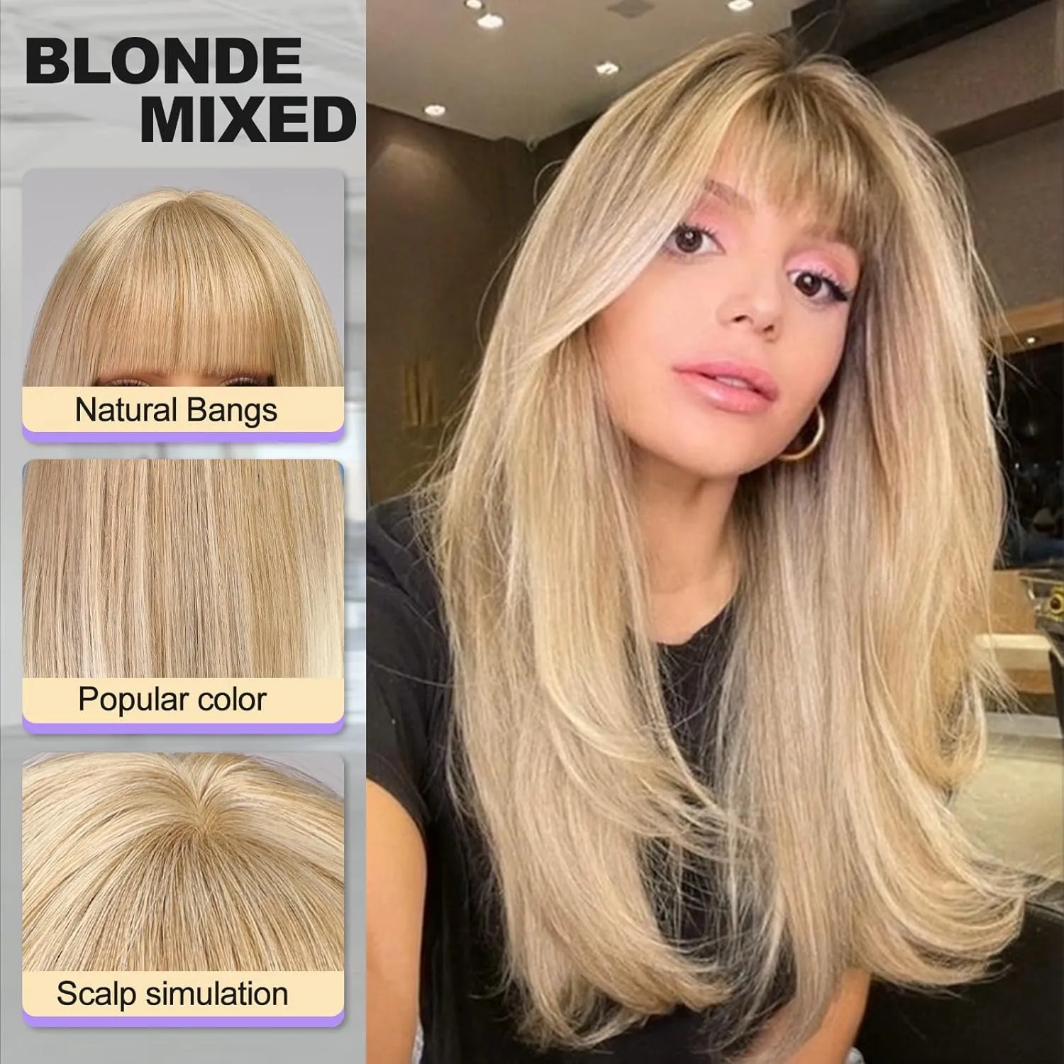 Blonde Highlight Long Layered Wig with Bangs,Straight Hair Wigs for Women,Synthetic Heat Resistant Natural Looking Hair Wig for Party Cosplay Dality Use…