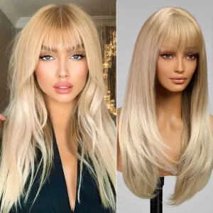 Blonde Highlight Long Layered Wig with Bangs,Straight Hair Wigs for Women,Synthetic Heat Resistant Natural Looking Hair Wig for Party Cosplay Dality Use…