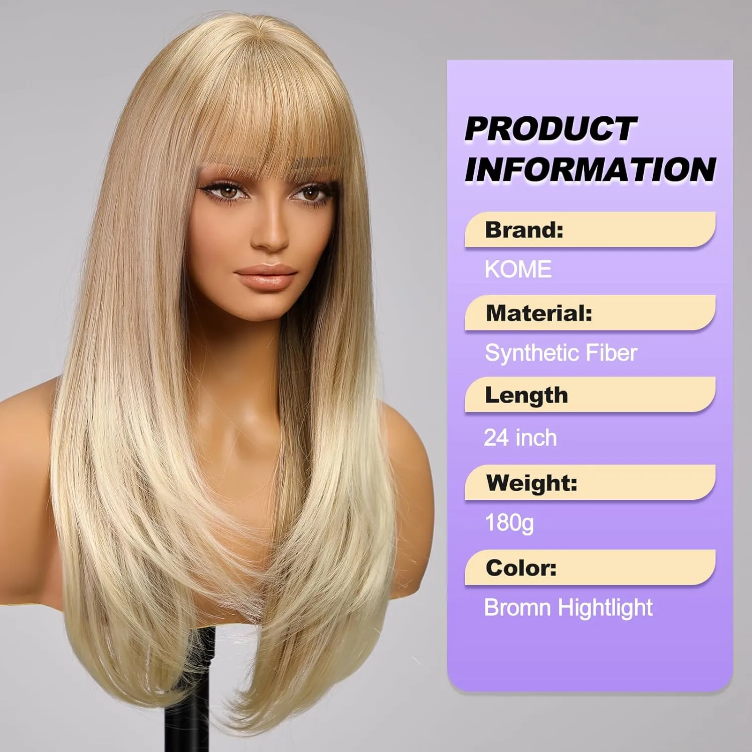 Blonde Highlight Long Layered Wig with Bangs,Straight Hair Wigs for Women,Synthetic Heat Resistant Natural Looking Hair Wig for Party Cosplay Dality Use…