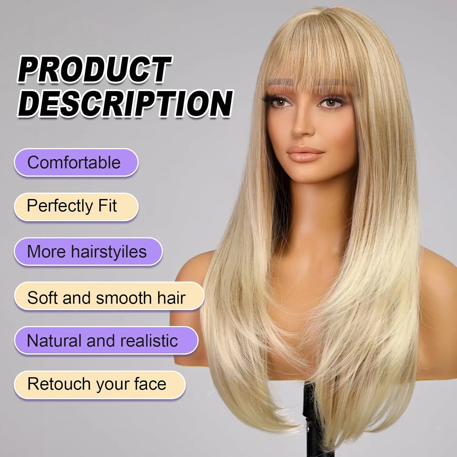 Blonde Highlight Long Layered Wig with Bangs,Straight Hair Wigs for Women,Synthetic Heat Resistant Natural Looking Hair Wig for Party Cosplay Dality Use…