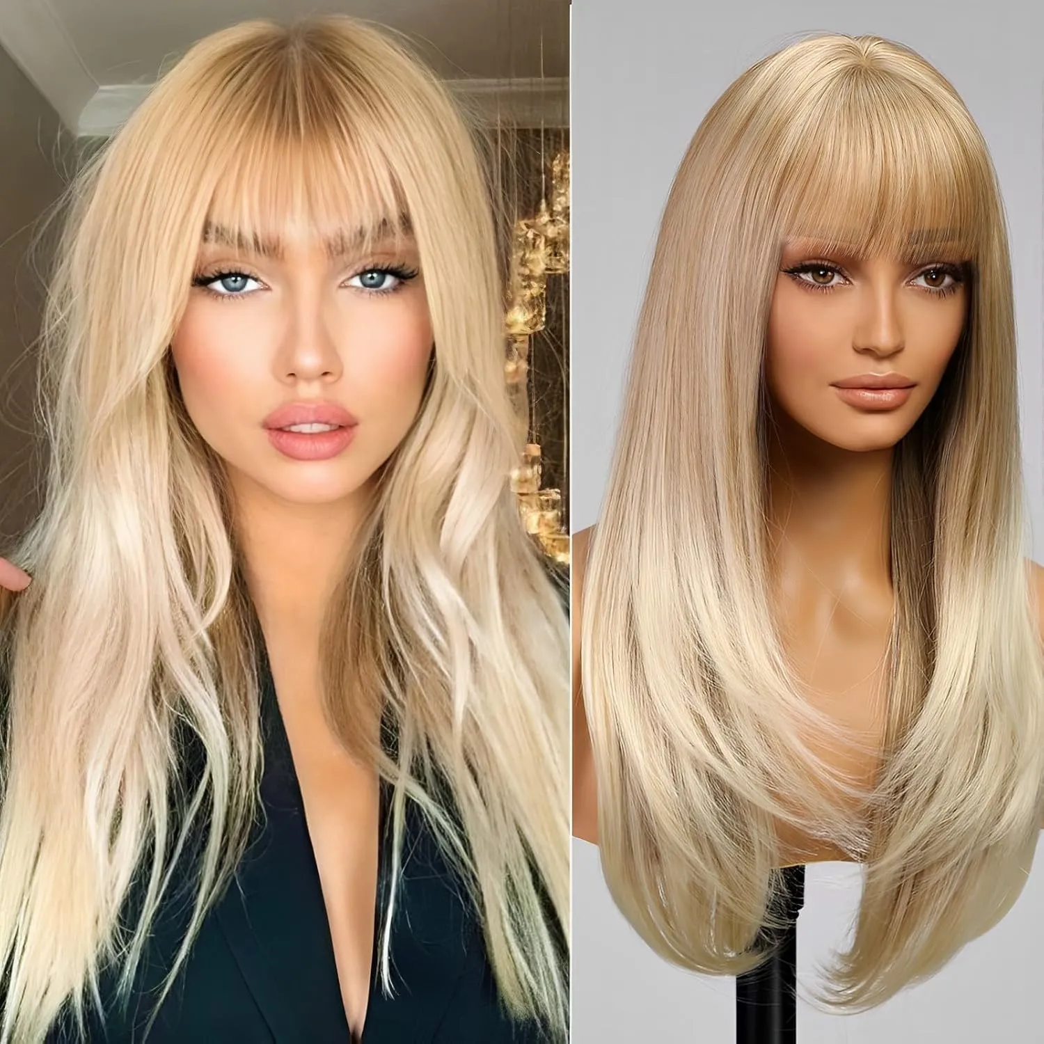 Blonde Highlight Long Layered Wig with Bangs,Straight Hair Wigs for Women,Synthetic Heat Resistant Natural Looking Hair Wig for Party Cosplay Dality Use…